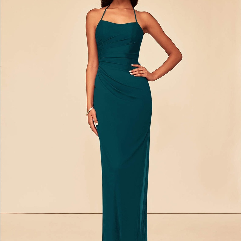 Azazie Keonie Pine Floor Length Mesh Bridesmaid Dress Size A4